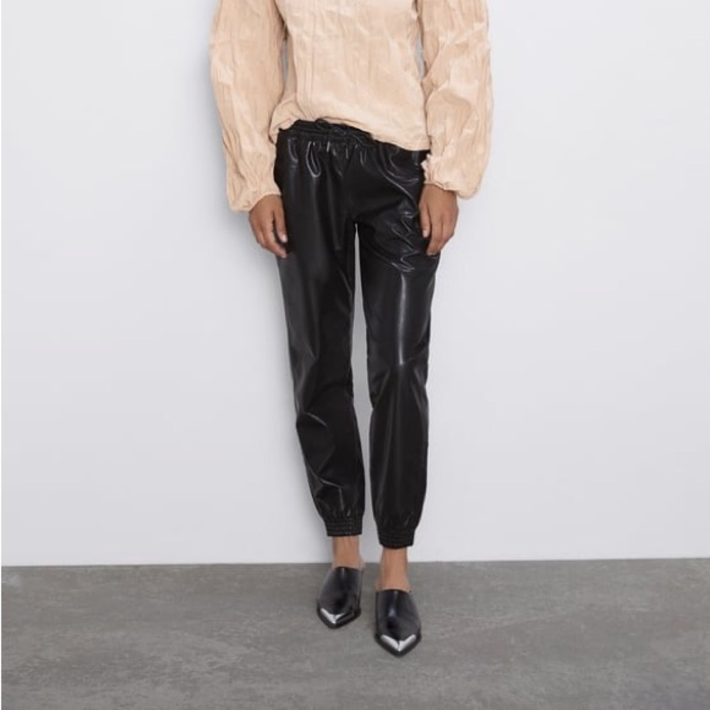 Zara Faux Leather High Rise Jogger Pants Black sz S